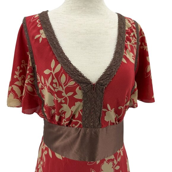 Anthroplogie Maeve Womens 6 Dress Silk Floral Flutter Sleeve Red Tan Cocktail - Picture 2 of 8